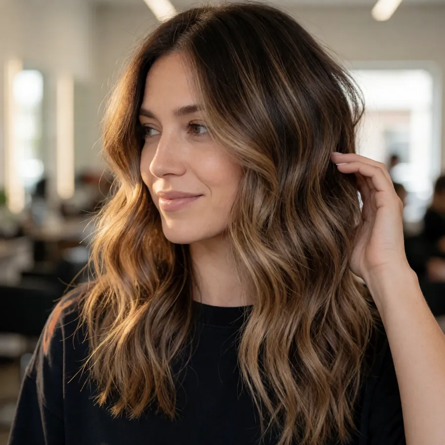 Frau mit Balayage in warmen Brauntönen